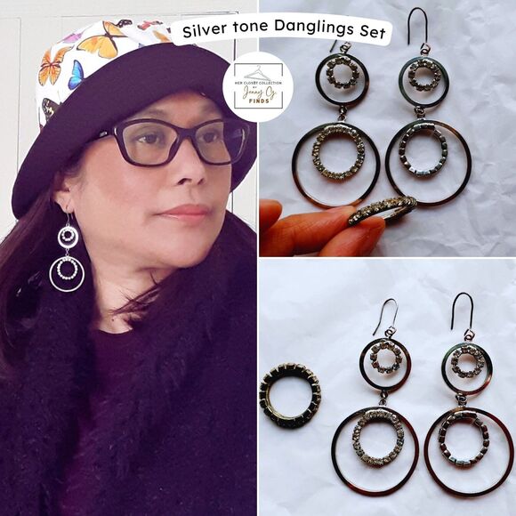 Silver Tone Double Hoop 3" Dangling Earrings & Ring Set with Rhinestone - Picture 1 of 7